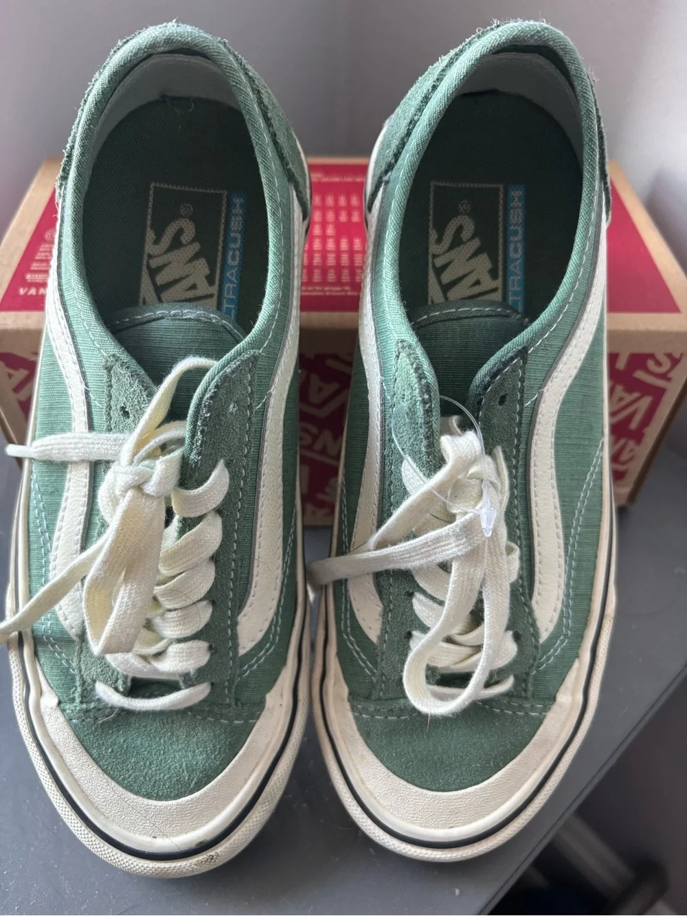 Vans Green Canvas Old Skool Sneakers with White Stripe and Checkerboard Midsole